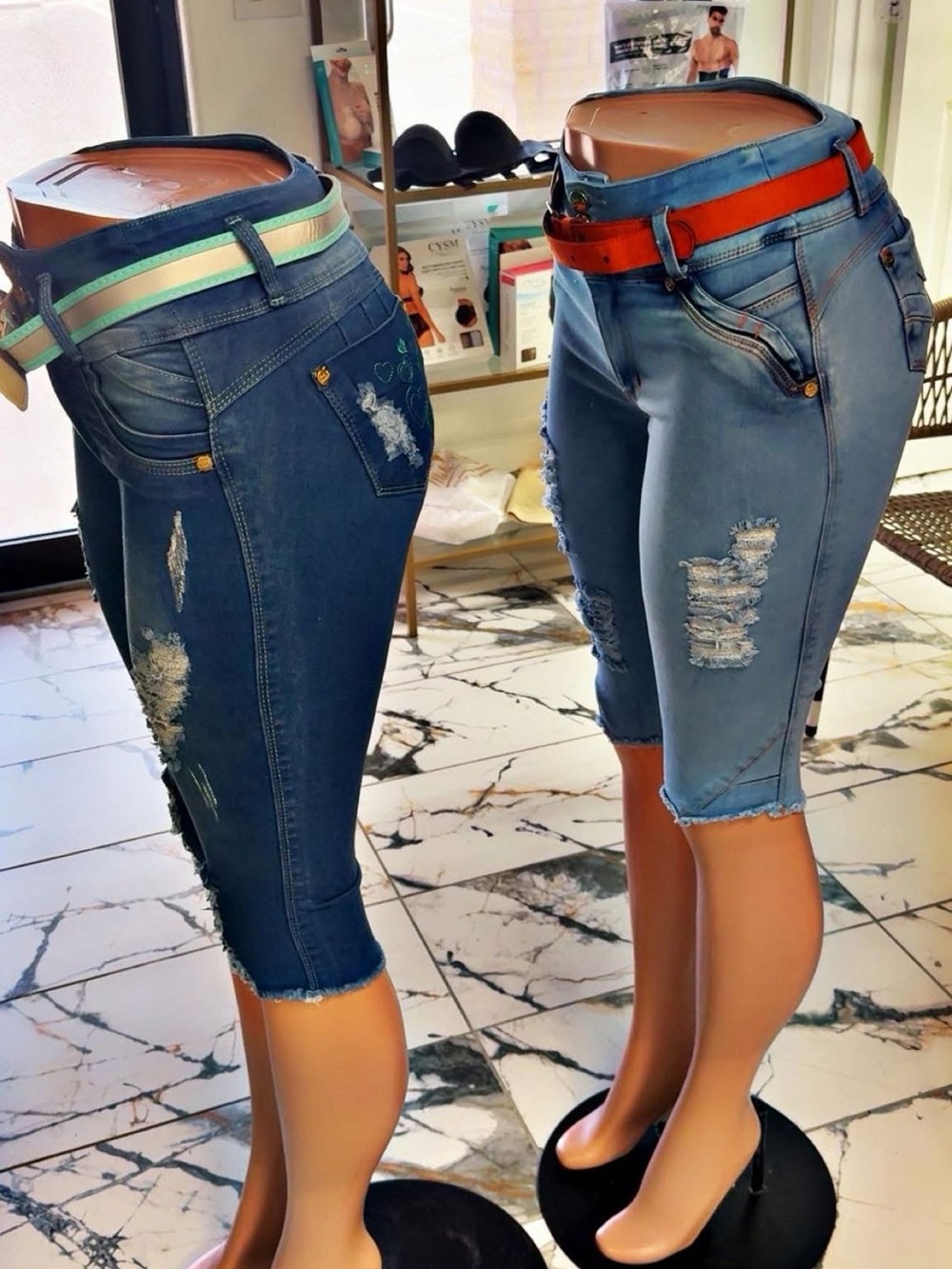 Women's Distressed Mid-Length Colombian Denim Shorts - Blue, Brand